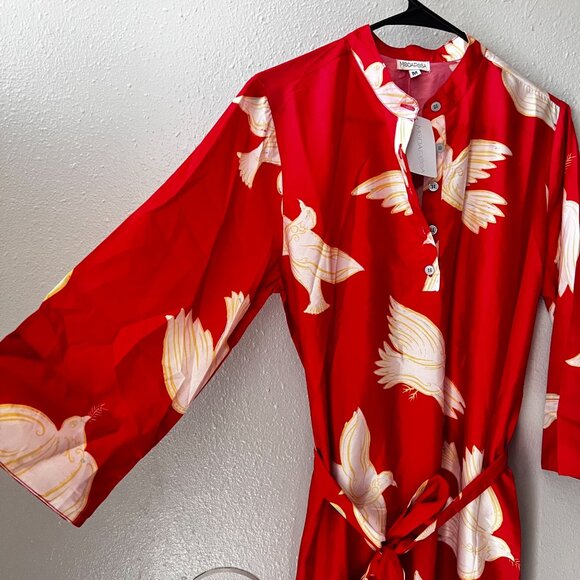 Modaposa Elina 3/4 Sleeve Red Maxi Caftan Dress Detachable Belt & Bird Print - Picture 3 of 5